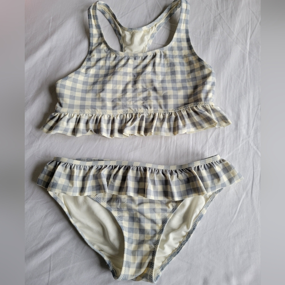 Miles The Label Girl's Blue & White Gingham Bikini Set with Ruffle Trim Size 10
